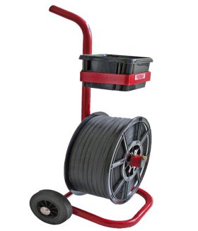 mobile strapping dispenser for strapping on plastic reel